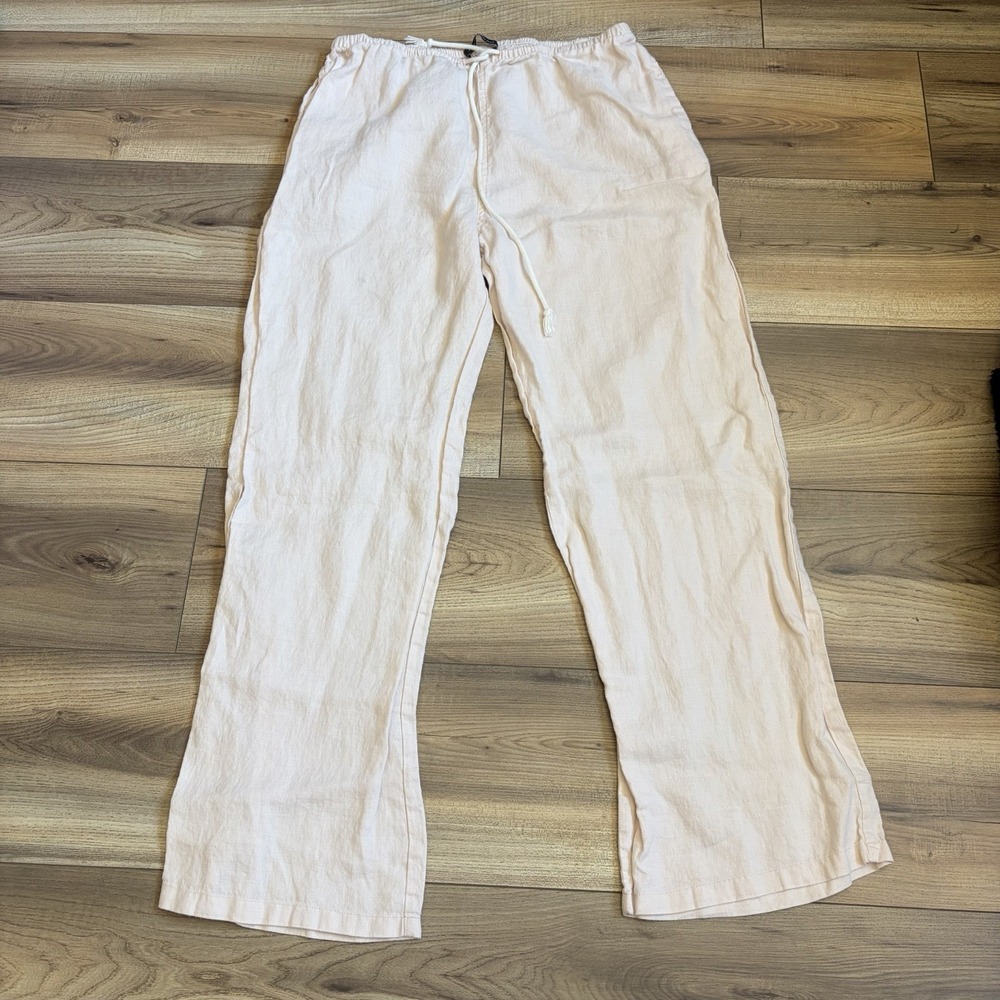 Brandy Melville Pants Women OS Straight Drawstring 100% Linen Baby Pink Beach